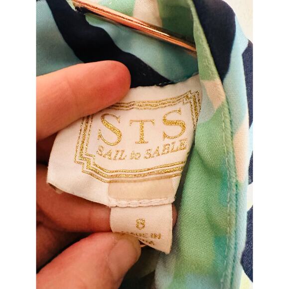 SAIL TO SABLE Blue Palm Tree High Neckline Mock Neck Mini Dress Size 8 - Picture 9 of 15